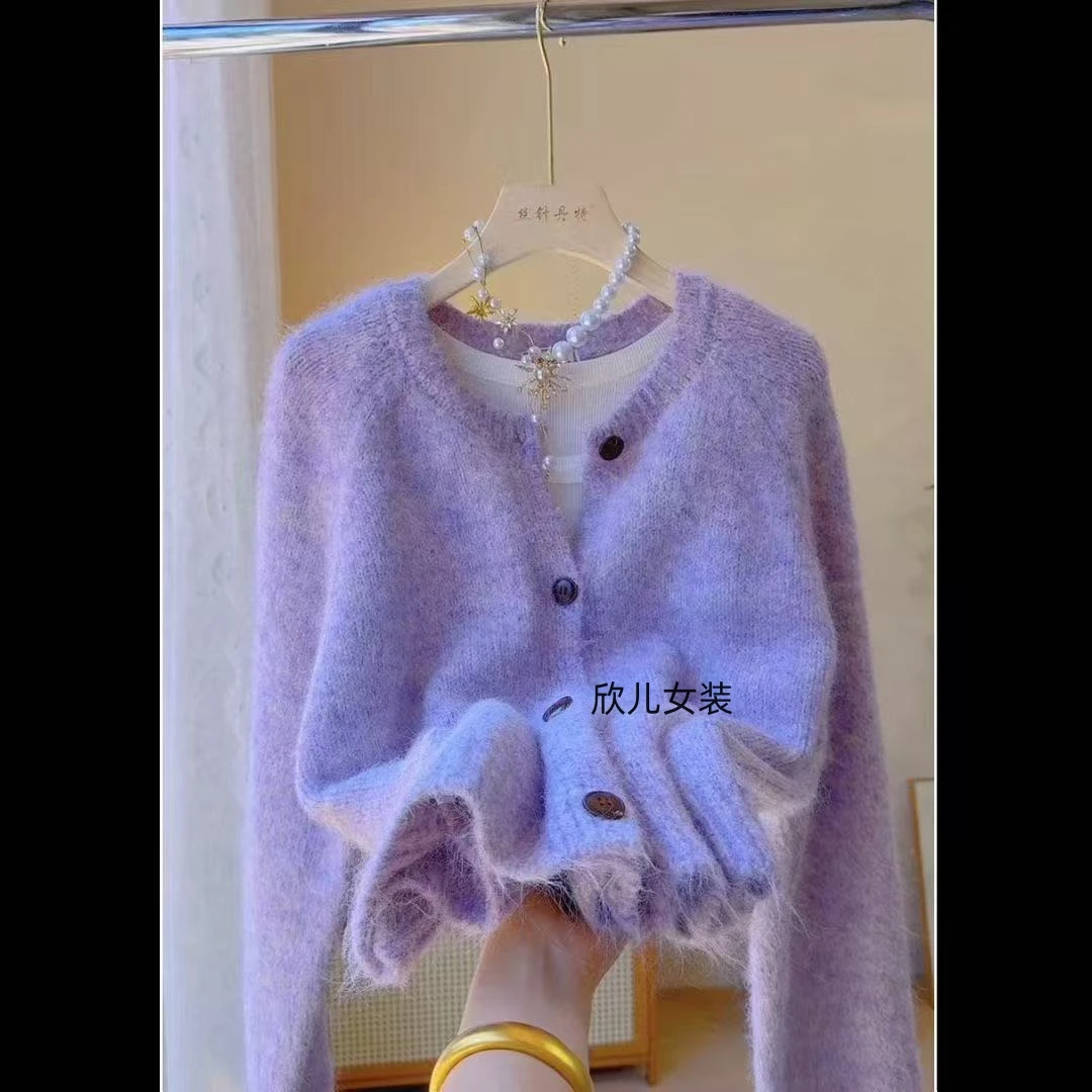 韩系慵懒风软糯彩纱圆领单排扣针织开衫女秋冬季休闲简约洋气毛衣