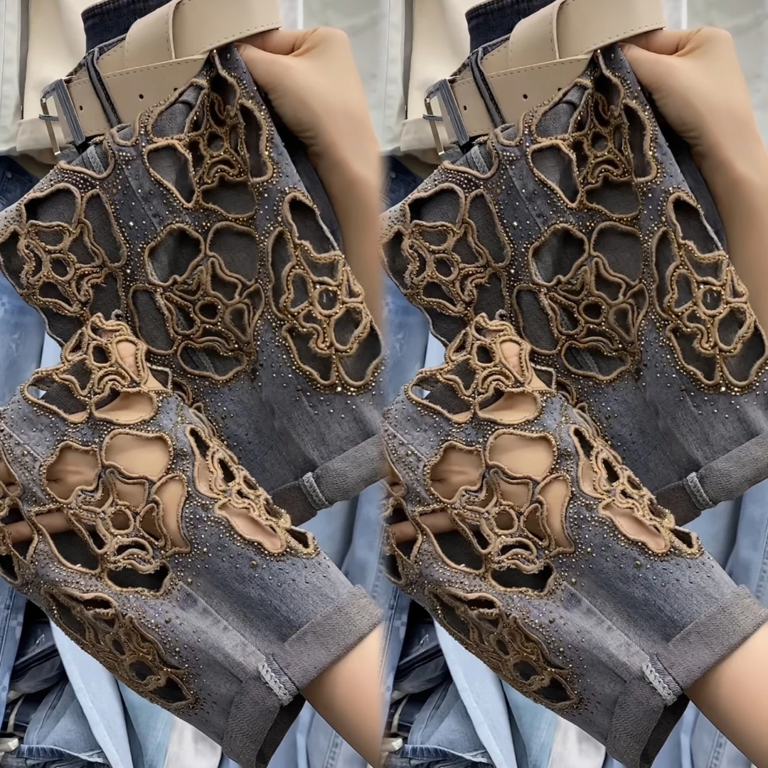 刺绣大码牛仔裤新款夏季镂空老爹显瘦八分裤洋气小垮裤5205牛仔裤