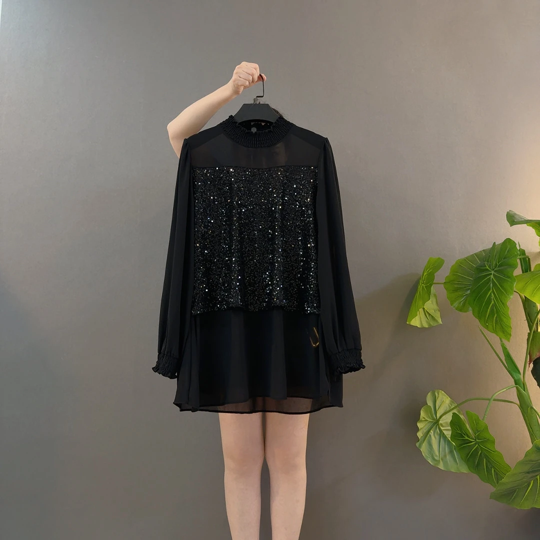 时尚拼接亮片雪纺衬衫洋气显瘦设计感大码打底上衣春季新款