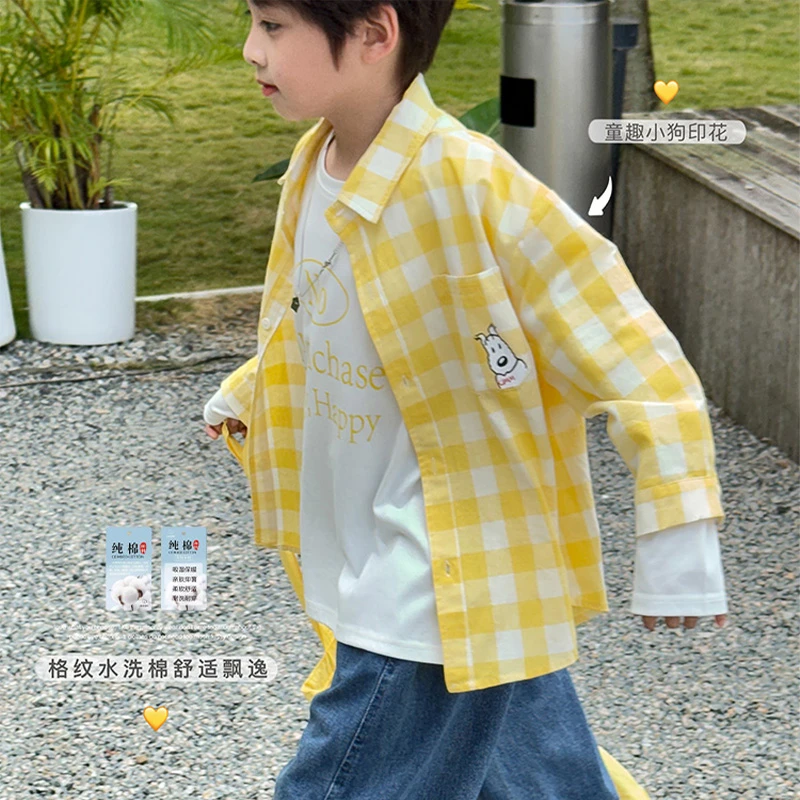 虾酱麻麻男童格子衬衫长袖春装2025新款男孩撞色纯棉儿童衬衣外套