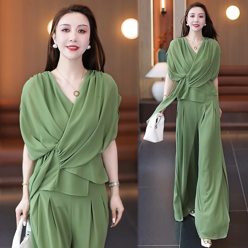时尚轻熟风套装女2024夏季新款收腰遮肚衬衫上衣阔腿裤宽松两件套