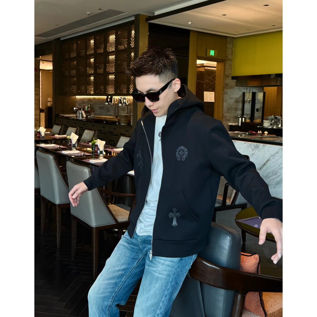 【十字拼皮】李查德痞帅男装秋季手缝拼接克罗连帽休闲夹克外套上衣