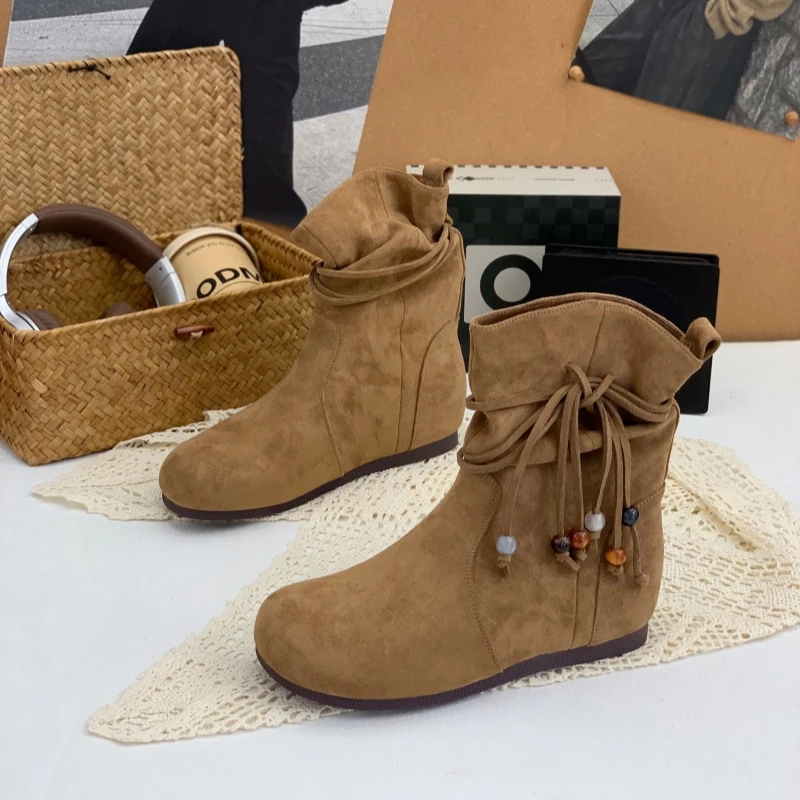 复古串珠勃肯中筒靴女2025秋冬新款内增高舒适百搭套筒绒面堆堆靴