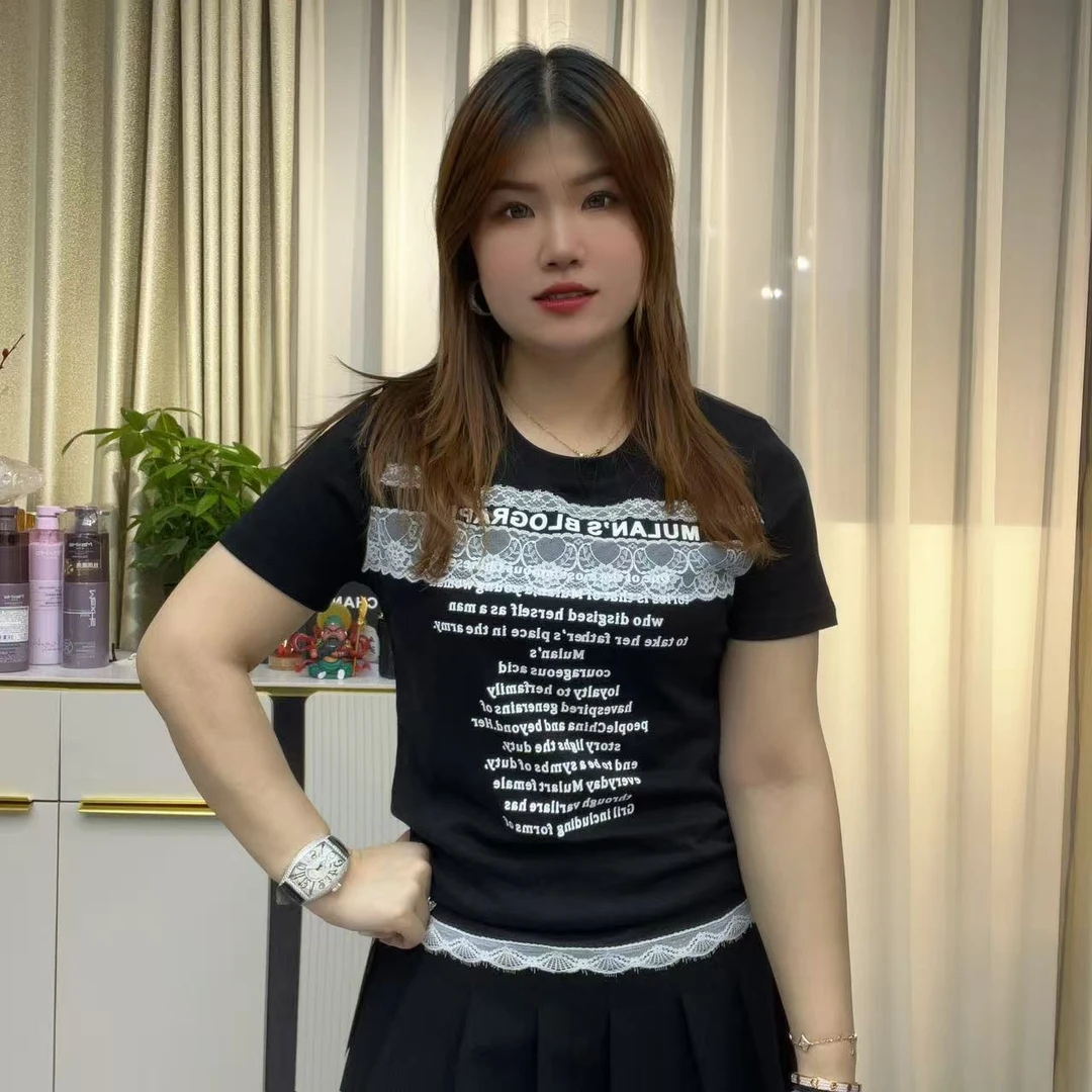 小鑫肝@现货浮力蕾丝提花拼接字母印花撞色百搭T恤 2830