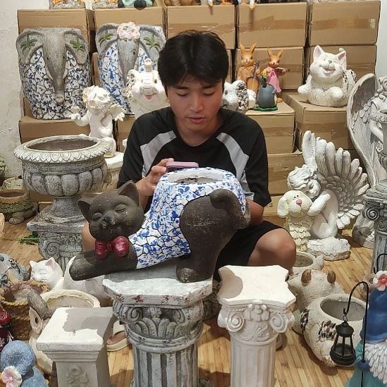 合成树脂青花猫咪花盆