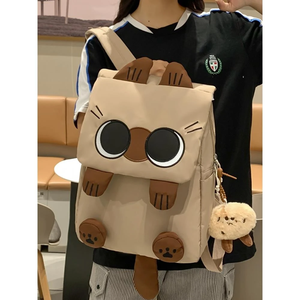 日系轻便卡通时尚高颜值小众潮流ins风双肩包女书包 可爱暹罗猫图