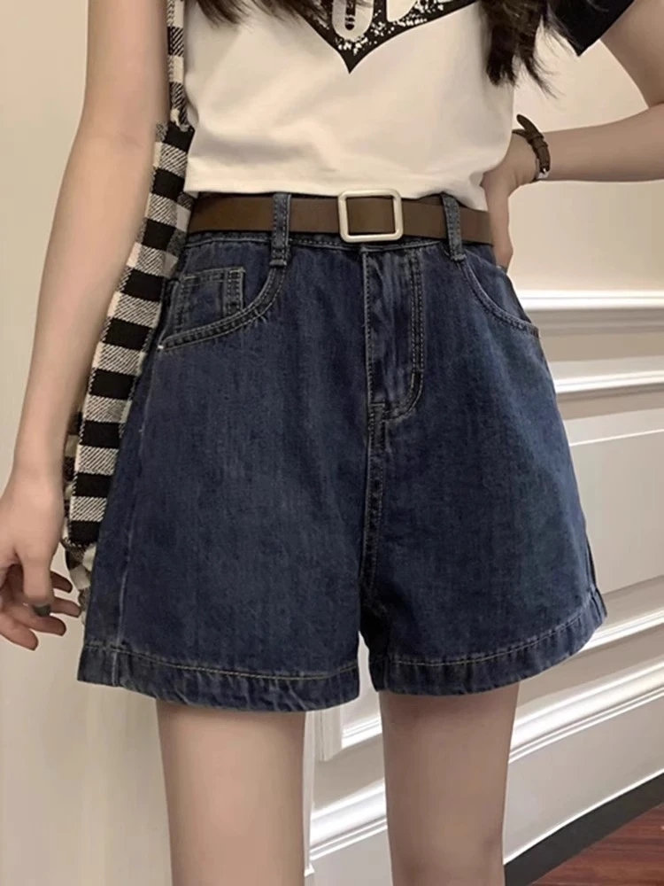 2025夏季新款深蓝色牛仔短裤女小个子高腰显瘦A字直筒阔腿裤热裤
