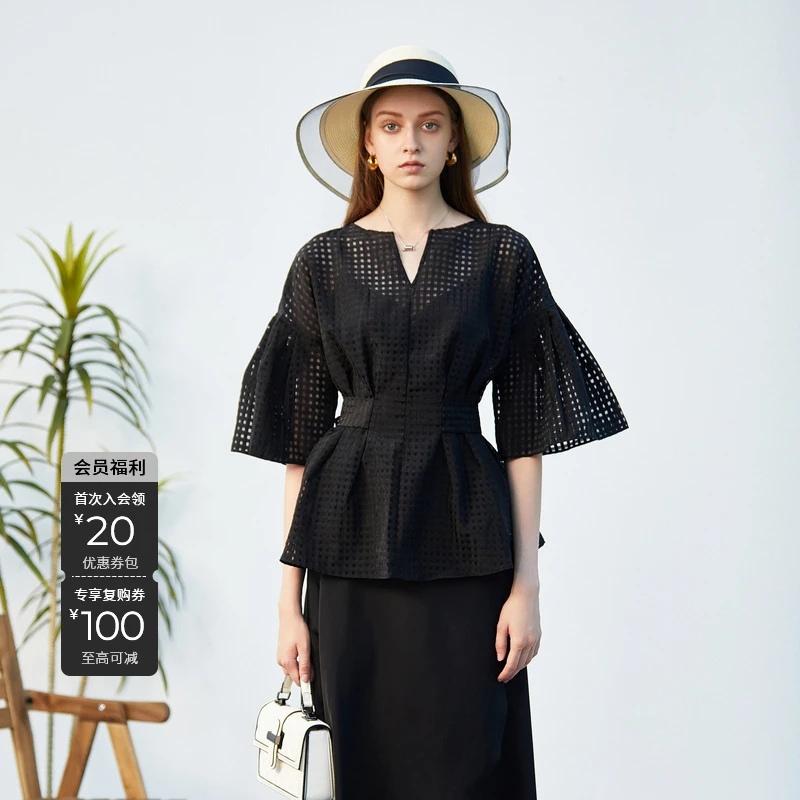 S·DEER圣迪奥女装夏季休闲时尚气质百搭显瘦黑色衬衫S232Z0474