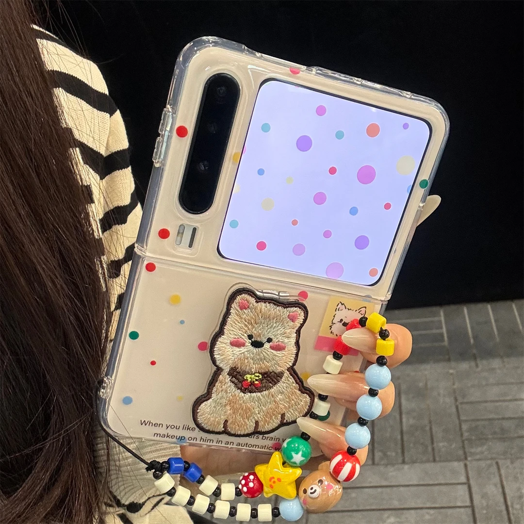 适用华为purax折叠屏手机壳彩色波点pocket2刺绣西高地狗狗支架女