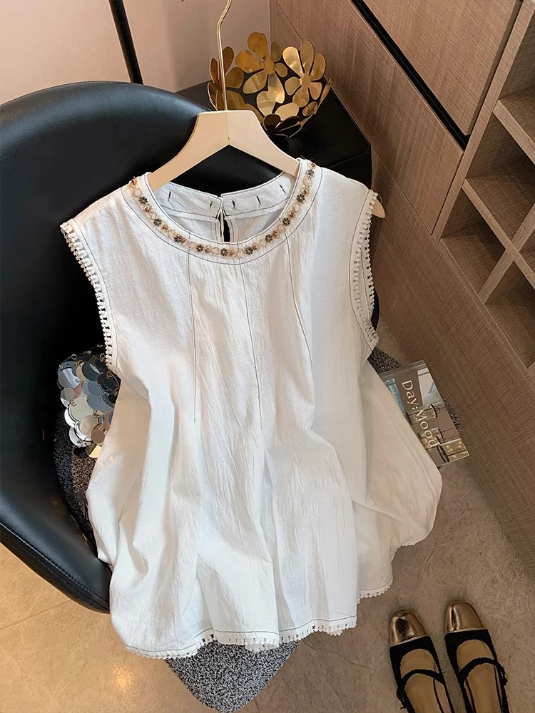 波西米亚风亚麻钉珠无袖上衣女2025年夏新款百搭显瘦减龄气质背心