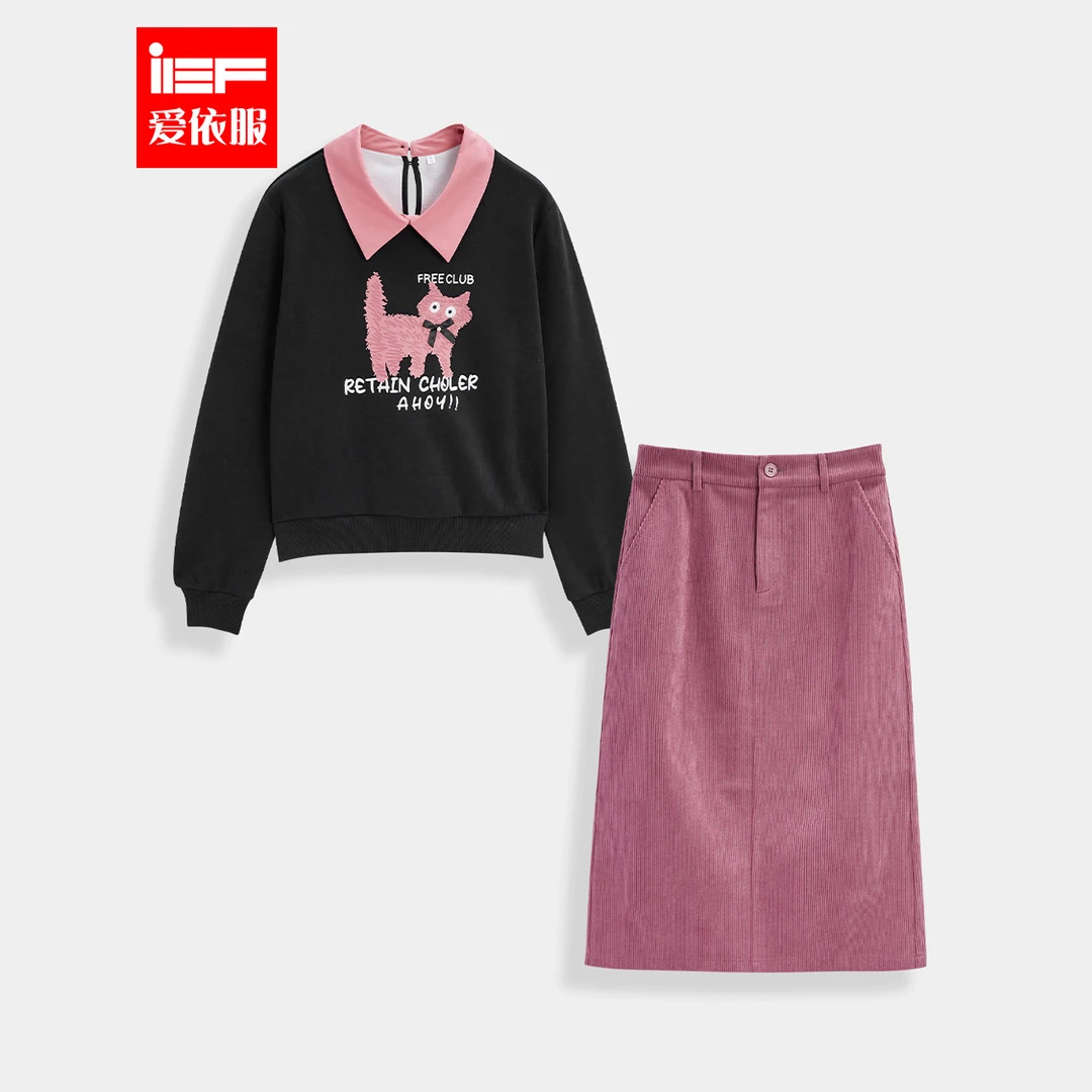 IEF/爱依服2025冬季新款微胖大码时尚卡通图案宽松百搭加绒套装