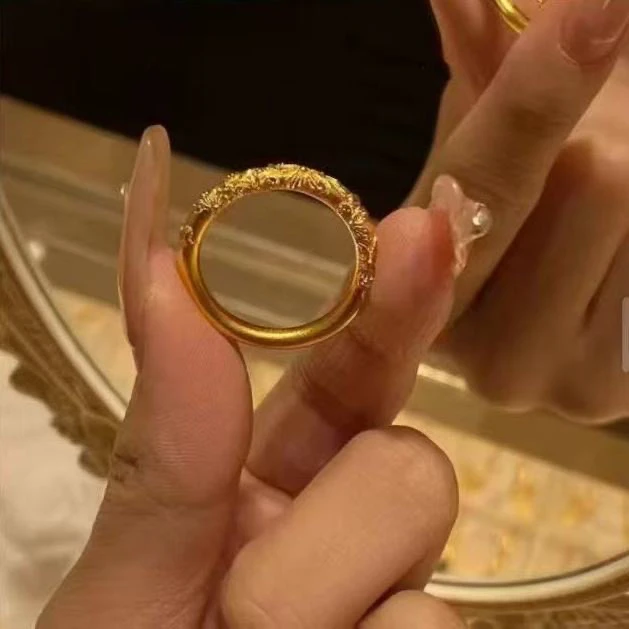 铜合金戒指 不掉色紫荆花闭口戒指女小众设计雕花指环时尚百搭