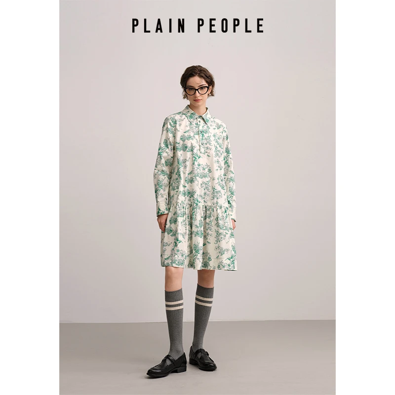 PLAIN PEOPLE法式度假印花小个子翻领鱼尾连衣裙女2025春新款