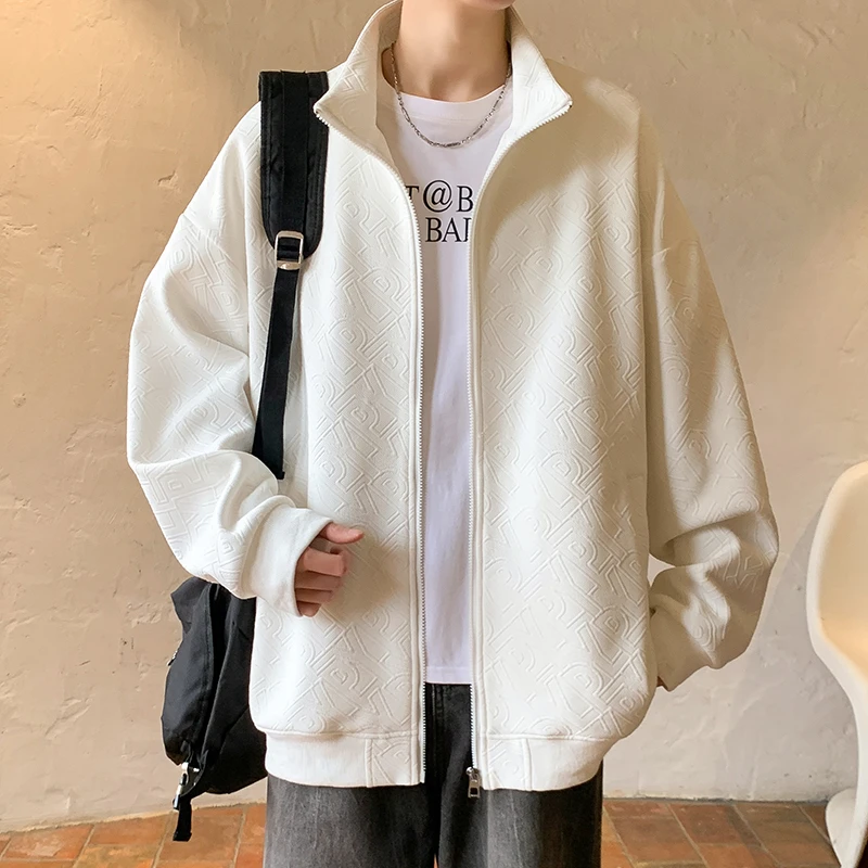 2025秋冬新款提花纹路大码连帽拉链开衫卫衣立领美式休闲宽松上衣