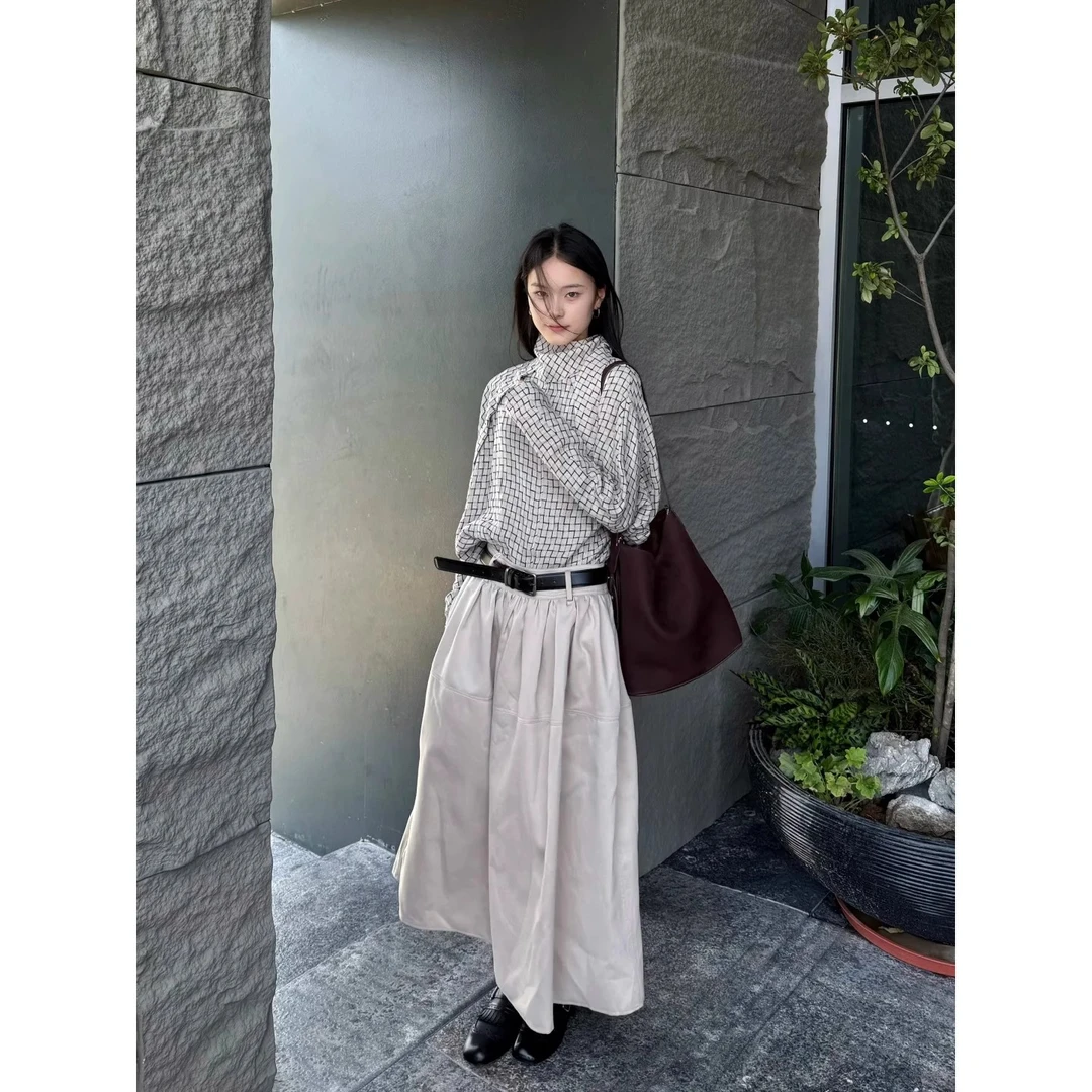 韩系穿搭一整套女秋季新款格纹系带长袖衬衫高腰a字半身裙两件套