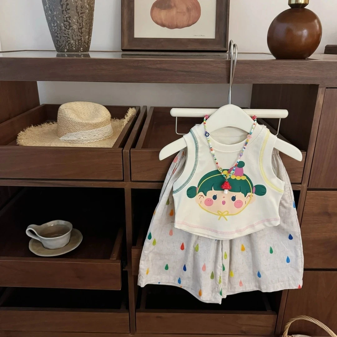 奇妙之旅女童背心套装韩系宝宝度假风卡通无袖小雨点直筒裤两件套