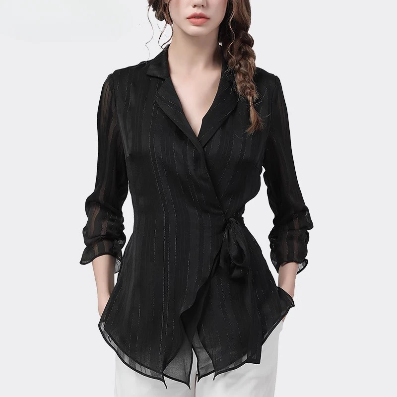 琦丝轻奢雪纺衫上衣女长袖衬衣v领收腰显瘦衬衫SF12313/SG13026