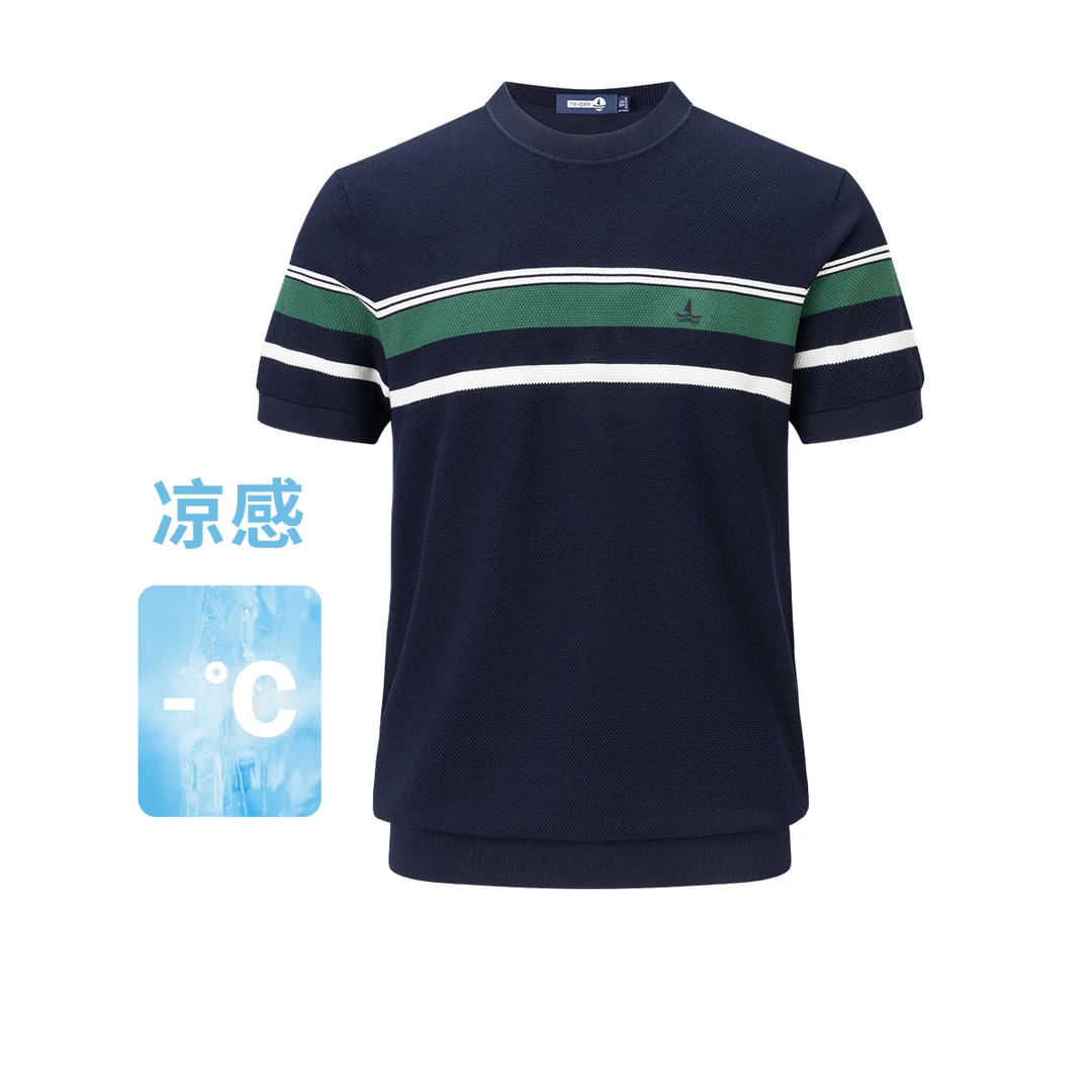 [凉感透气]navigare意大利小帆船撞色条纹短袖T恤男针织圆领上衣
