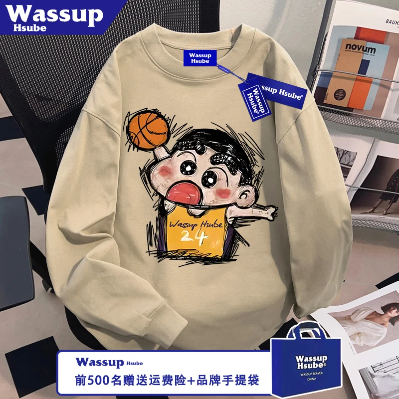 WASSUP HSUBE秋冬季美式100%纯棉卡其色长袖T恤小新印花男款上衣