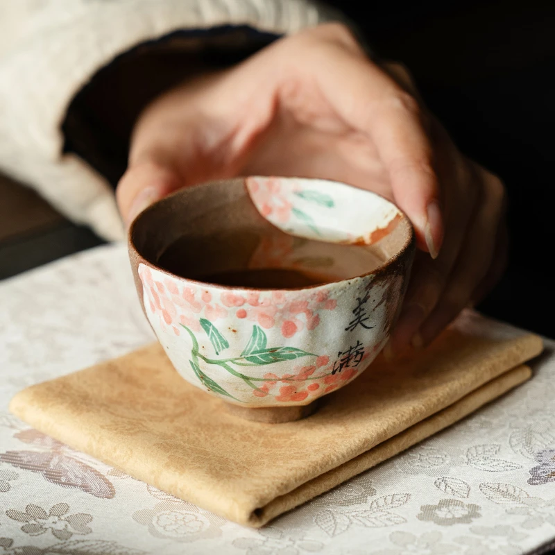 德白手绘老岩泥粗陶小茶杯柴烧功夫茶具复古粉引斗笠杯主人杯单杯