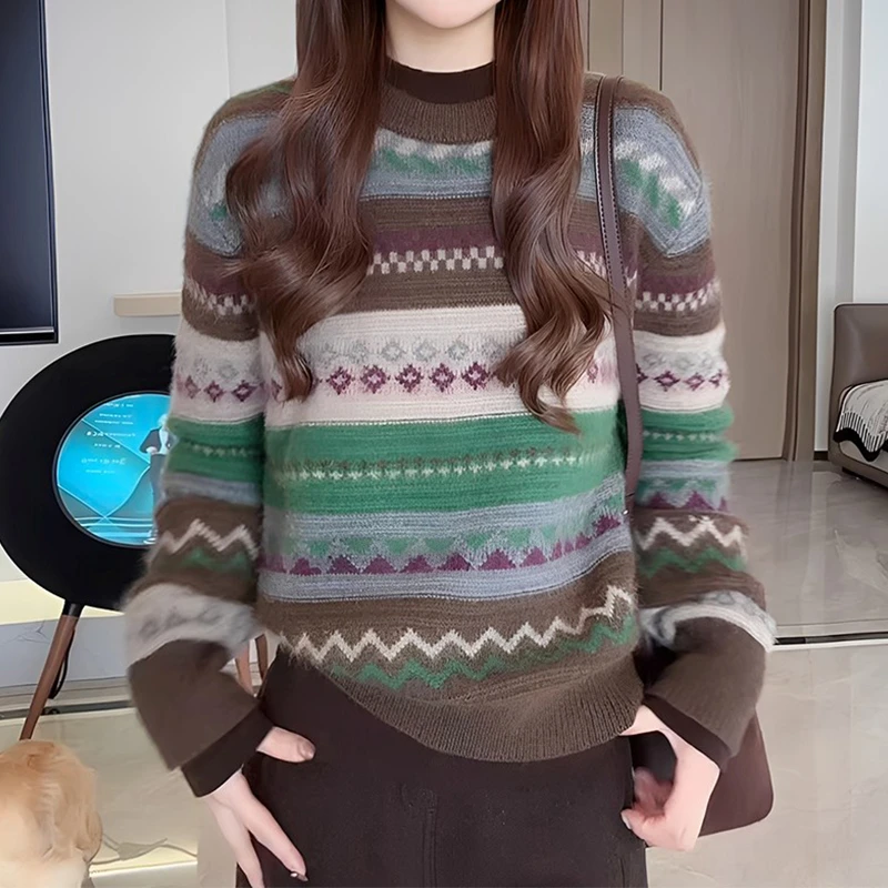 美式复古圆领撞色毛衣女2025冬季新款慵懒风宽松显瘦休闲减龄上衣