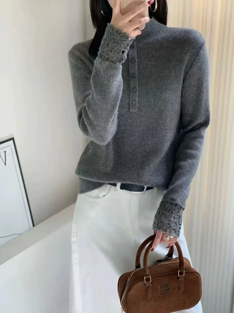 花边袖口羊毛半高领套头时尚镂空长袖纽扣精纺羊毛针织上衣打底衫