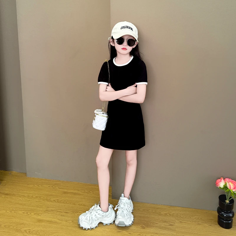女童黑色连衣裙2025新款夏季洋气时尚赫本风公主收腰拼色小裙子潮