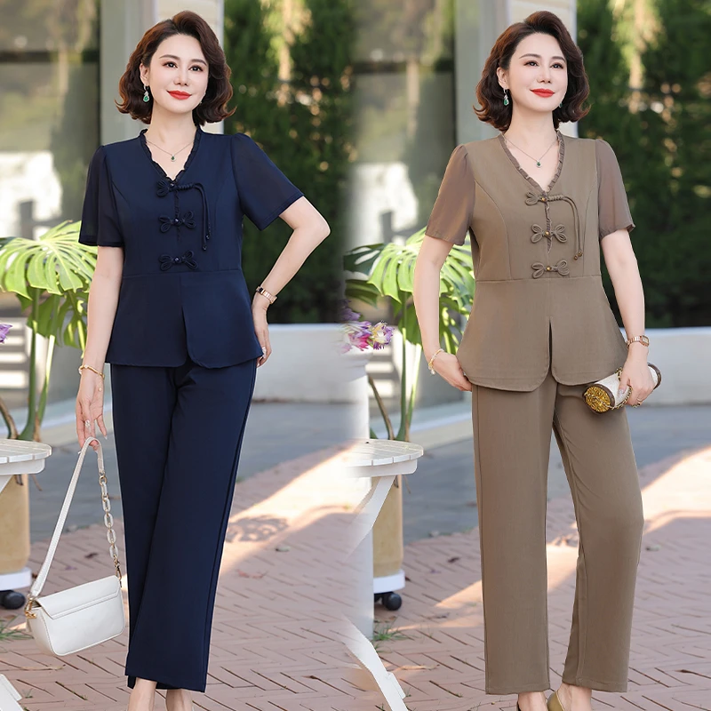 新款国风妈妈时尚显瘦气质套装洋气中老年新中式两件套2025年夏季