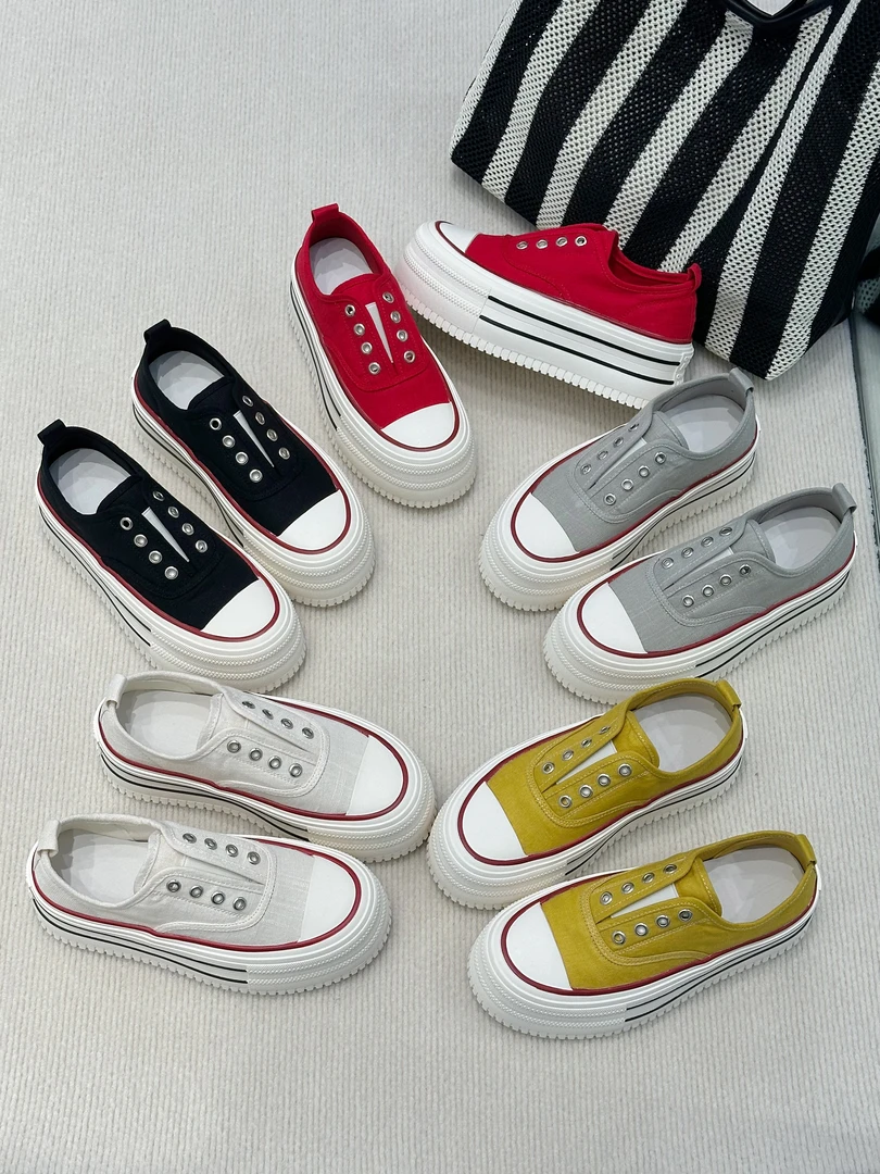 跟高6cm 2025新款经典款圆头系带厚底帆布鞋简约休闲板鞋 9092-28