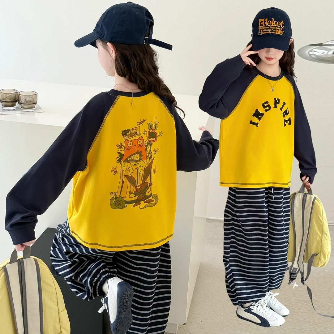 女童秋季新款套装2025韩版休闲6-12岁中大童拼色打底衫条纹裤套装
