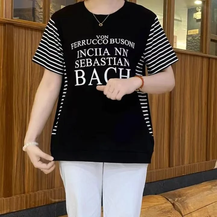 大码夏季圆领印花宽松拼接短袖T恤时尚显瘦韩版百搭休闲条纹上衣