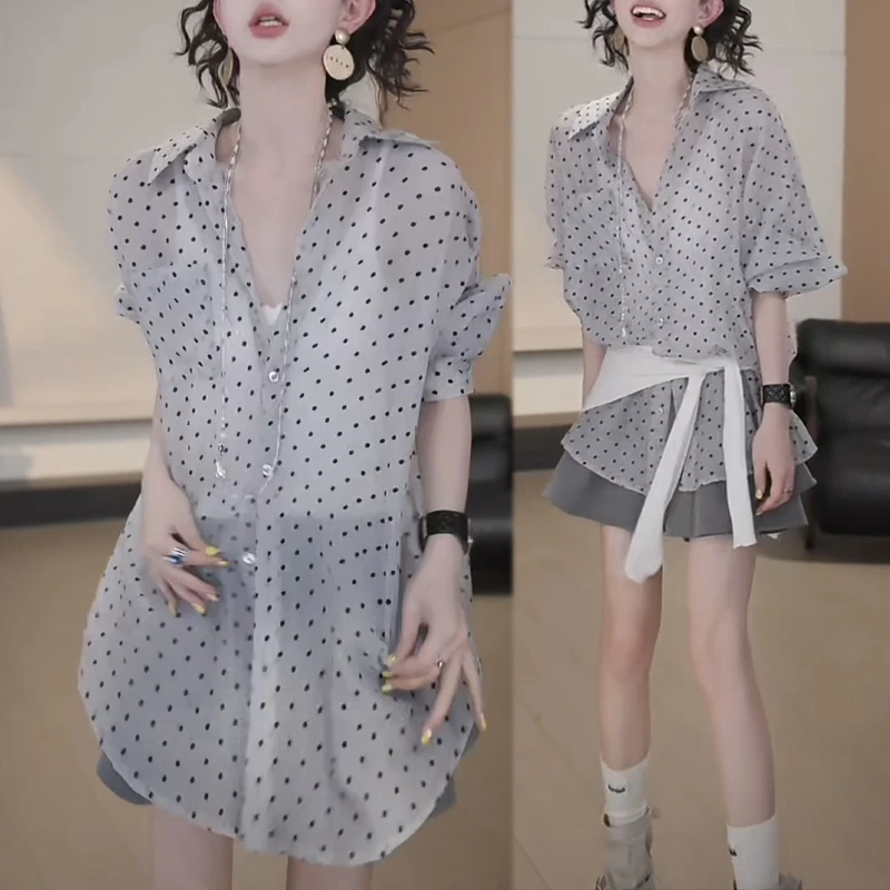 2025夏季爆款休闲通勤风松弛感波点防晒衬衫短裤两件套时尚套装女