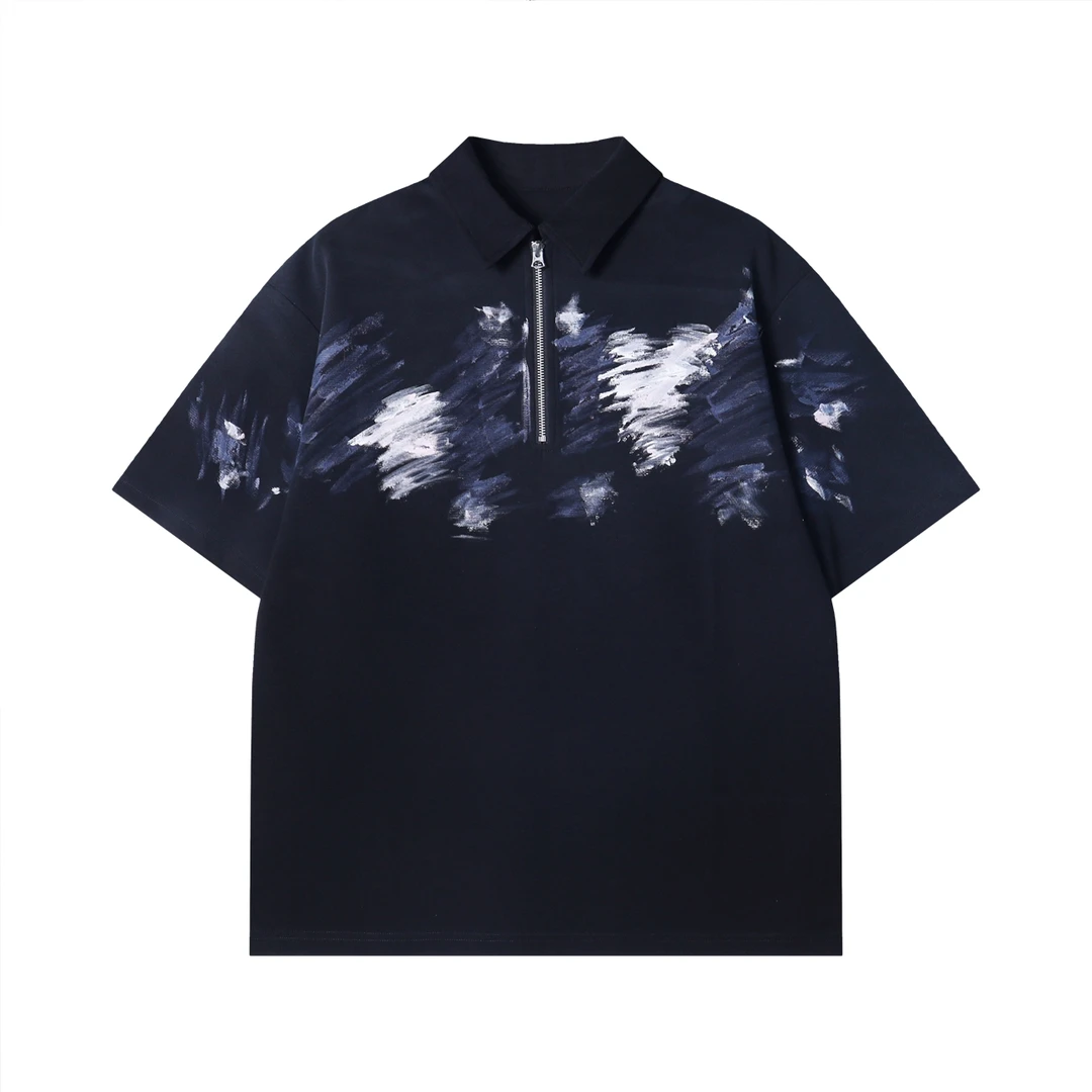 夏季高级感新款韩版彩绘印刷拉链polo领休闲宽松通勤百搭短袖
