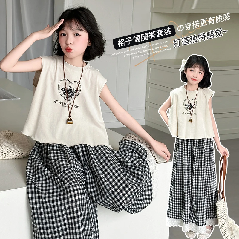 女童无袖格子阔腿裤套装2025夏季新款6-12岁潮酷中大童时髦休闲