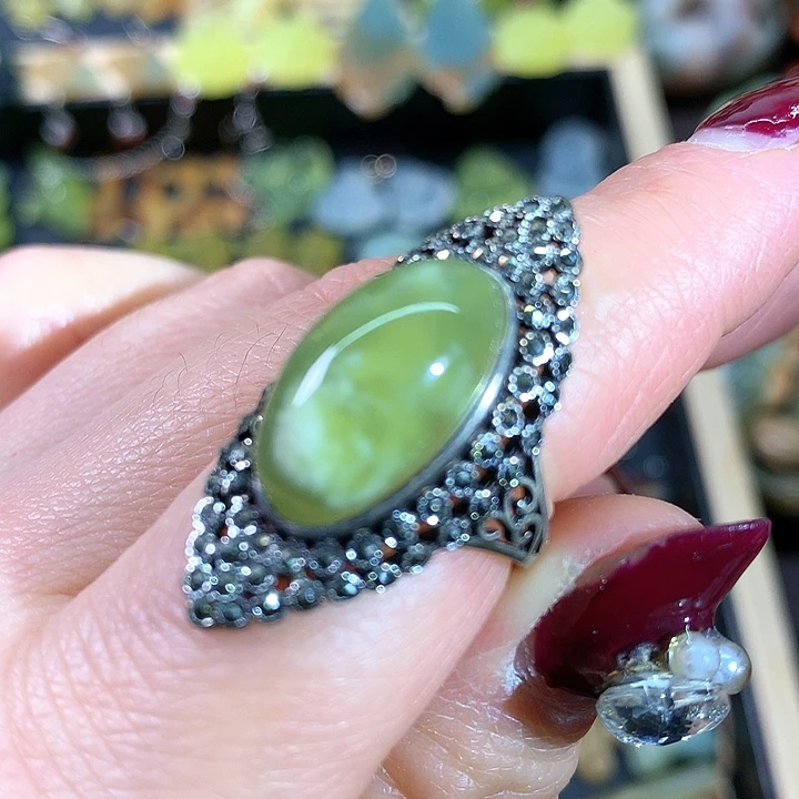 蛇纹石玉戒指银S925镶嵌