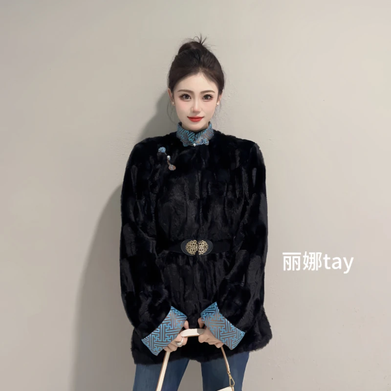 丽娜tay女神款民族风秋冬季中式外套女国风水貂毛加厚保暖藏衣
