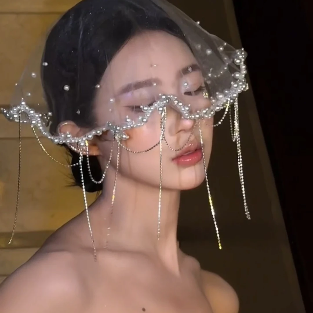 法式新娘珍珠小头纱领证头饰求婚遮面纱短头纱高级感拍照道具大气