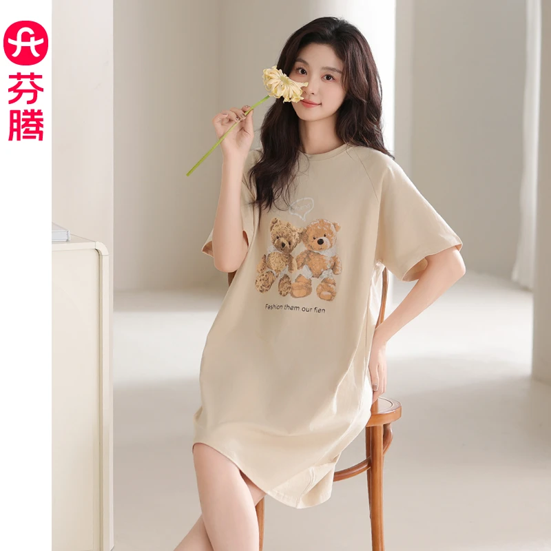 芬腾睡裙睡衣女2025新款夏季纯棉短袖女款可爱宽松全棉夏天连衣裙