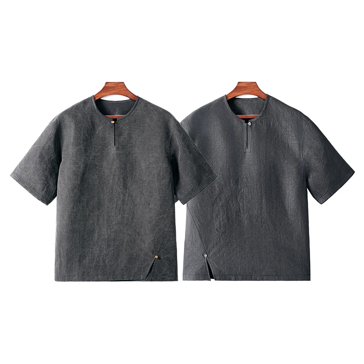 99458 男士圆领短袖 桑蚕丝龟裂纹香云纱新中式复古夏季休闲短袖
