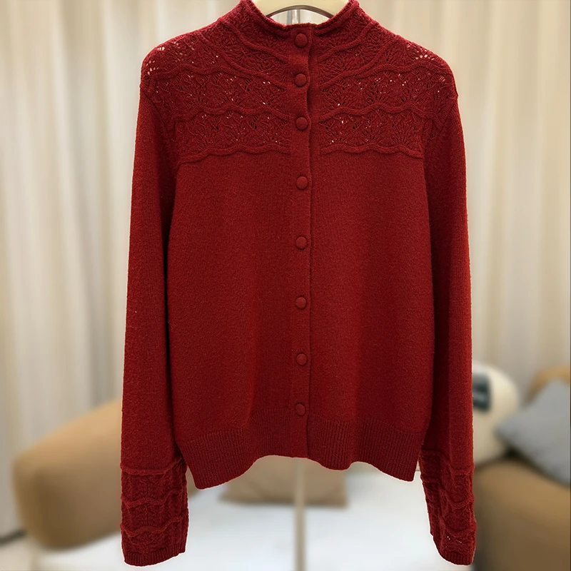 【双旦】大码女装钩花立领毛衣秋冬洋气减龄内搭打底针织开衫/25540