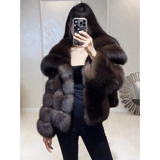 俄罗斯黑金农夫貂经典毛毛皮草外套女秋冬时尚新款大翻领大衣