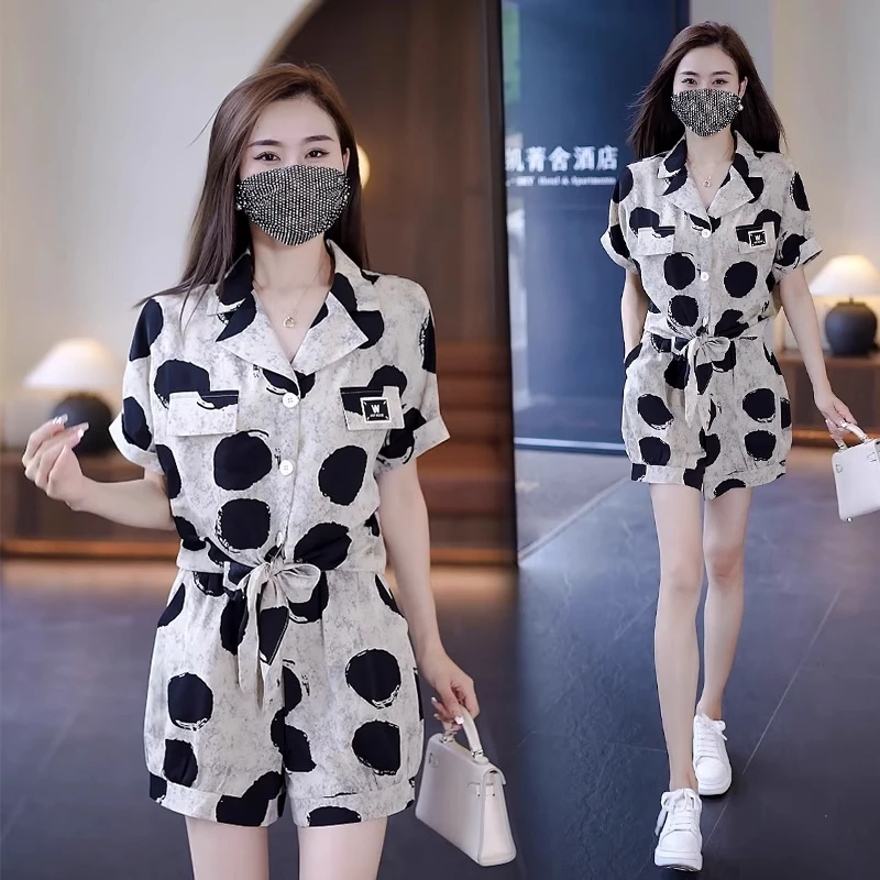 时尚宽松冰丝短款衬衣短裤两件套女士夏季新款休闲花色小个子套装