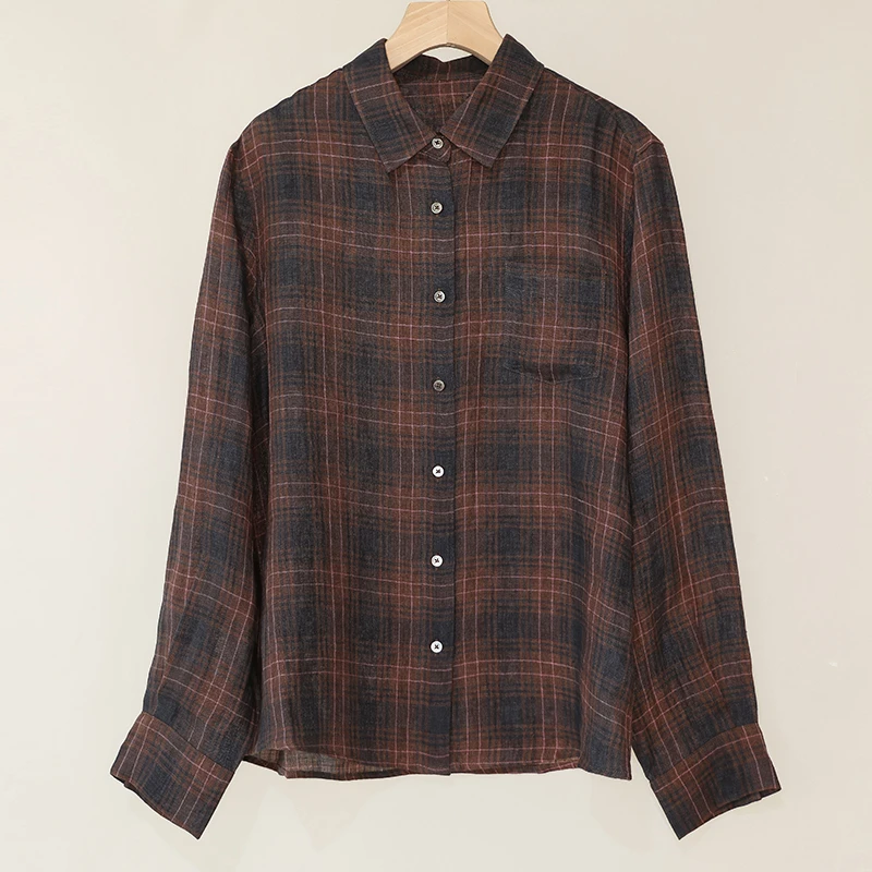 【咖格】经典文艺复古色织格纹撞色长袖亚麻衬衫女轻薄防晒翻领上衣