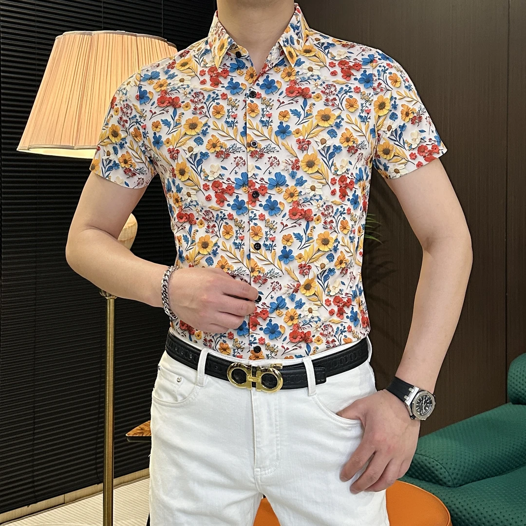 【珍珍男装】 夏季高端休闲潮牌男士时尚提花显瘦翻领短袖衬衫