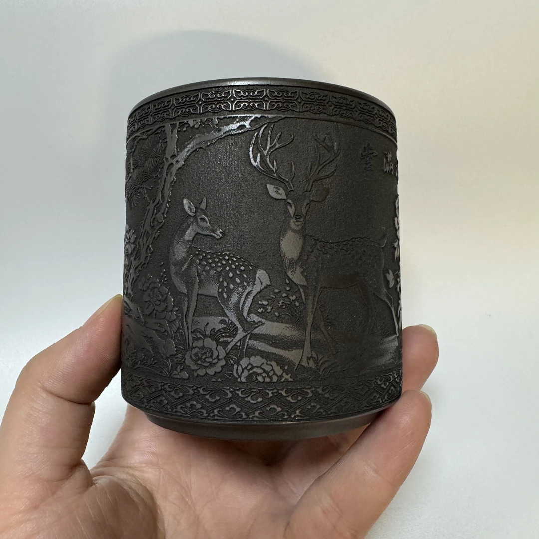 宜兴原矿紫砂全手工石黄福禄满堂浮雕刻绘梅花鹿170cc