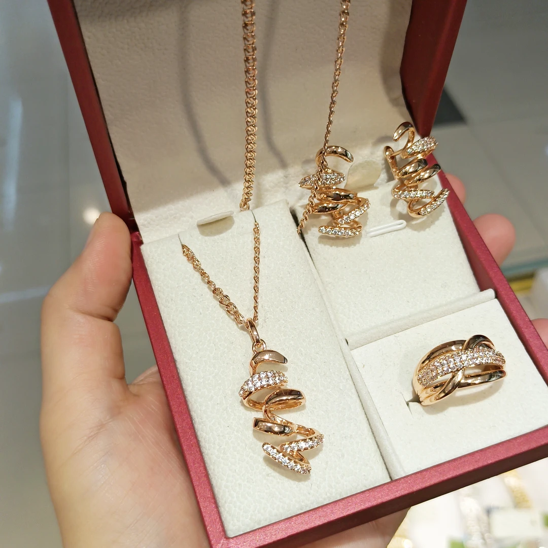 铜合金项链 设计感铜585镀金玫红色三件套高颜值精美百搭气质时尚