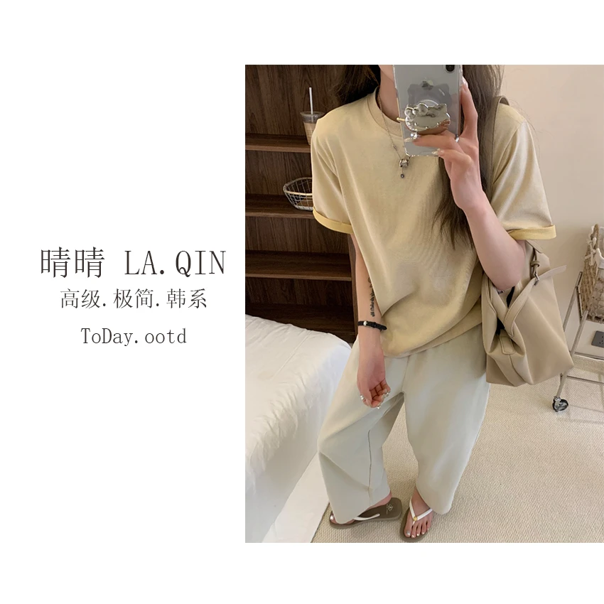 晴晴家 -【翻袖T恤】早春韩系百搭慵懒风休闲四色撞色短袖T恤6521