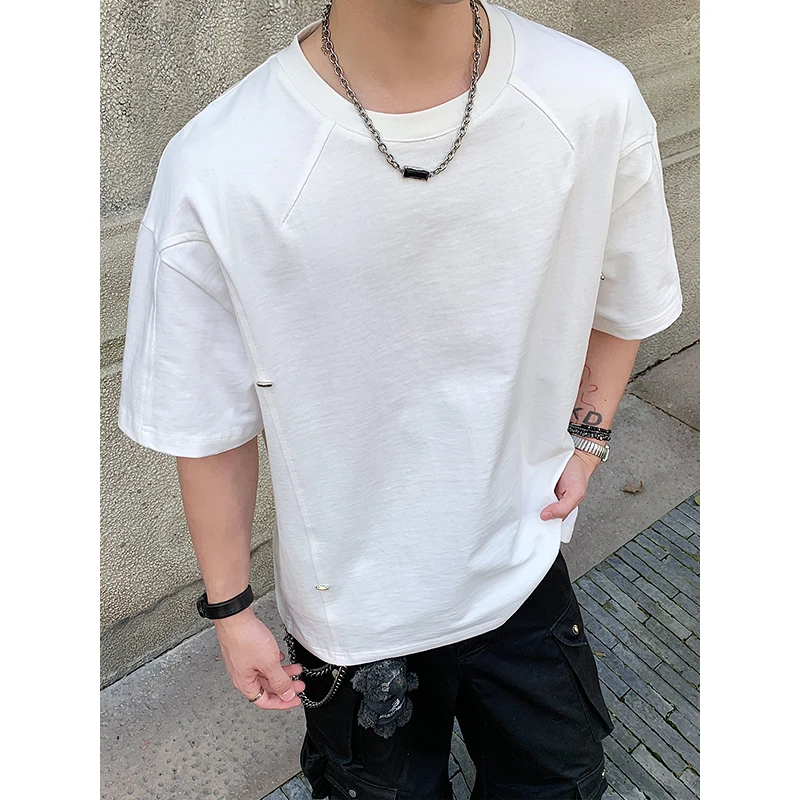 X4004夏季潮牌美式cleanfit解构拼接铆钉装饰短袖T恤