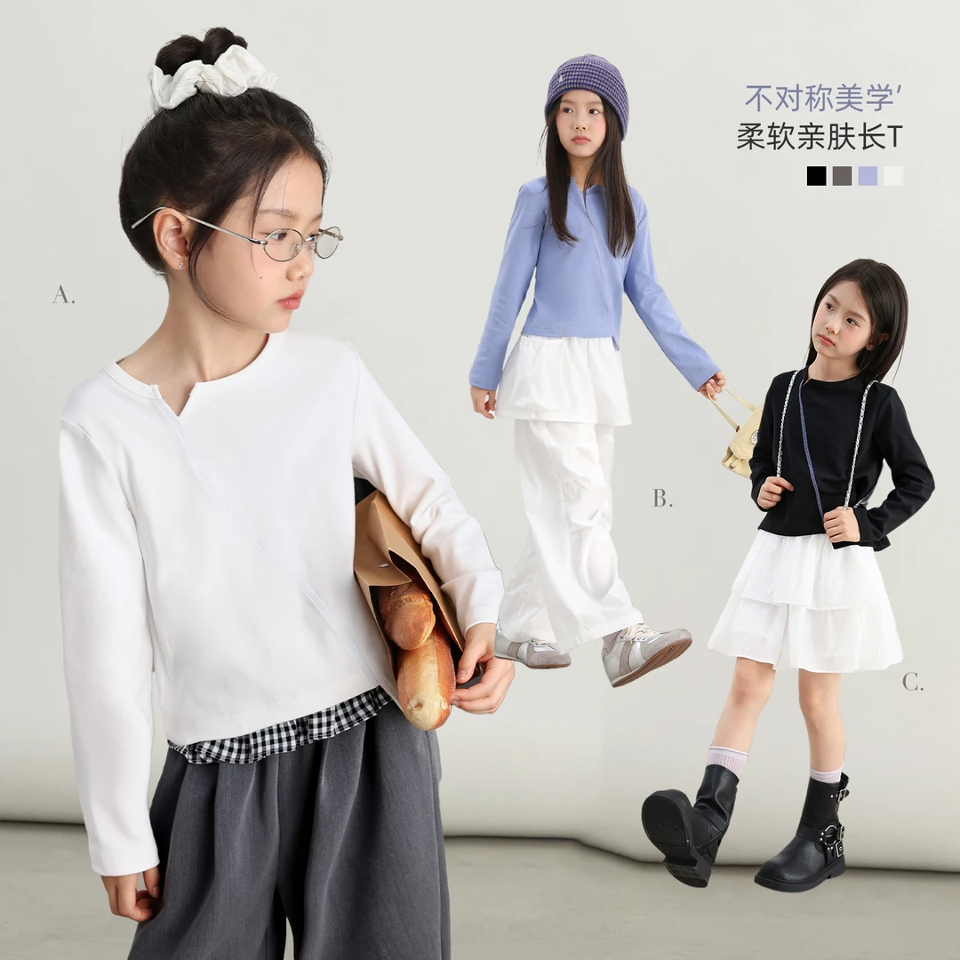 NORNOR陈大猪女童不对称T恤长袖2025秋季新款基础T百搭TNB570040