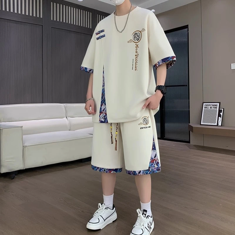 国潮风大码套装男青少年夏季新中式男生短袖短裤潮流运动搭配一套